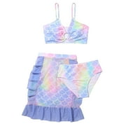 Surf Girls' Beach Swimsuit Girls' Three Pieces Gradient Fish Scale Swimsuit Set With Tule Skirt \u0026 Halter Top | Mermaid Swimwear For Beach Pool Size 5-6 Years